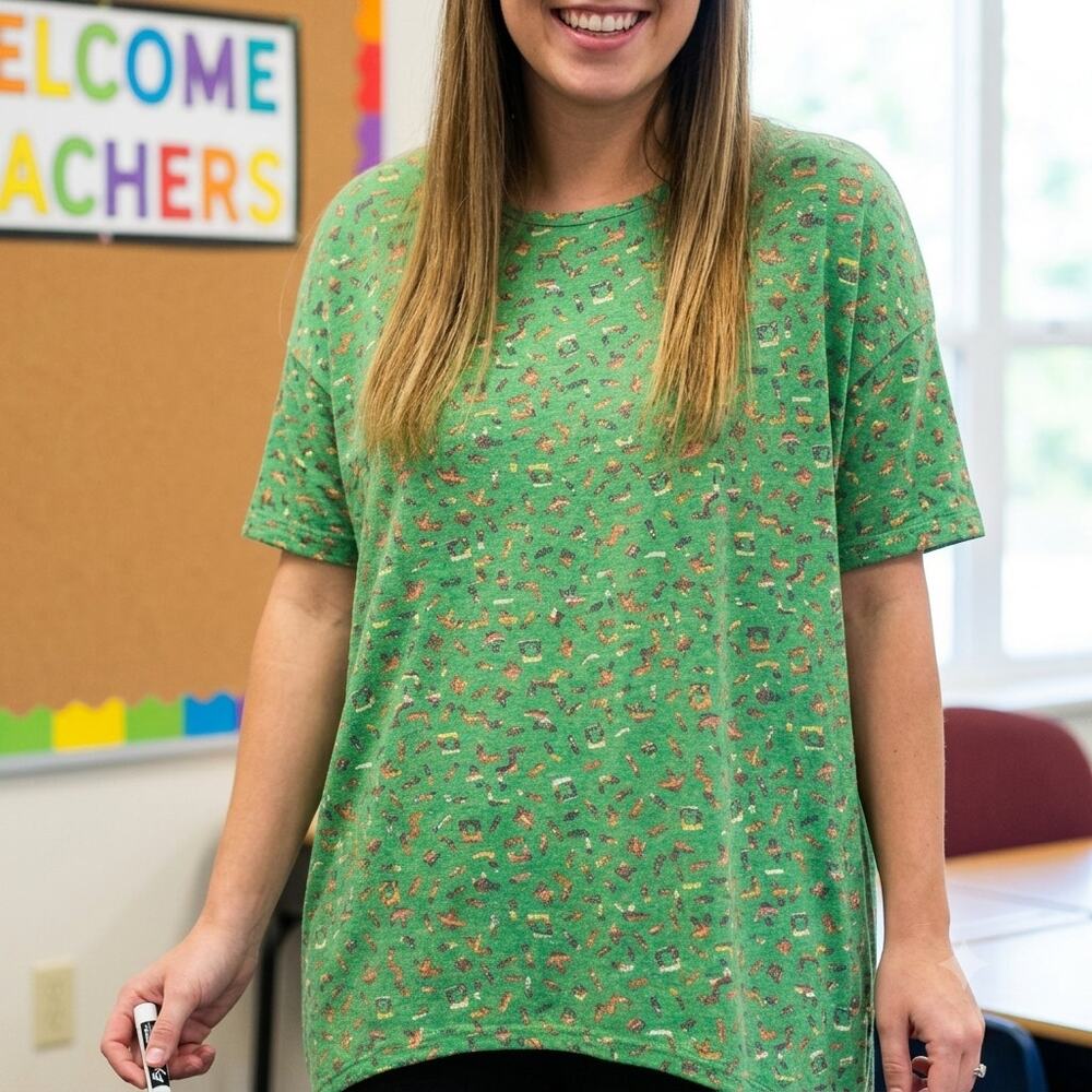 NWT LuLaRoe Irma XXS Tunic Green Alphabet Math Letters Numbers Hi-Lo Teacher